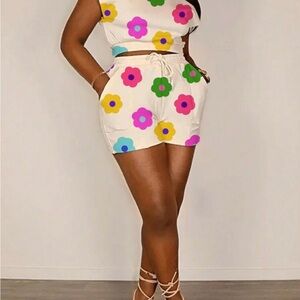 SHEIN Pink and Yellow High Waist Shorts Set